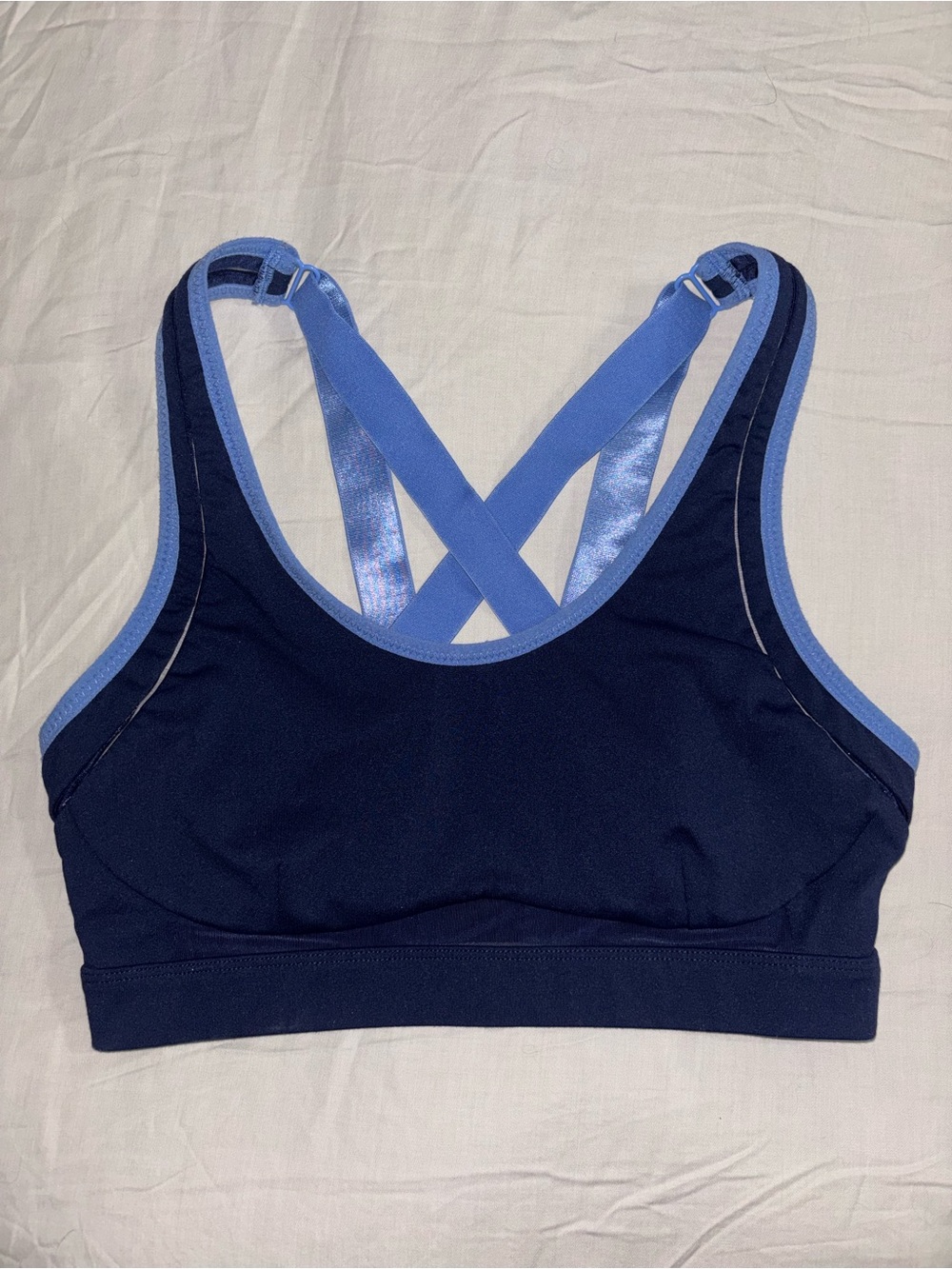 Fabletics Navy Sports Bra with Light Blue Crisscross Adjustable Straps